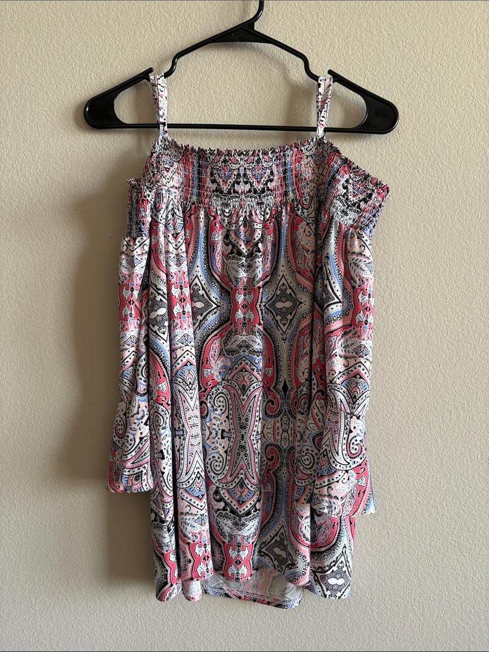 International Concepts Smocked Off-Shoulder Paisley Print Top Pink/Blue Size XL